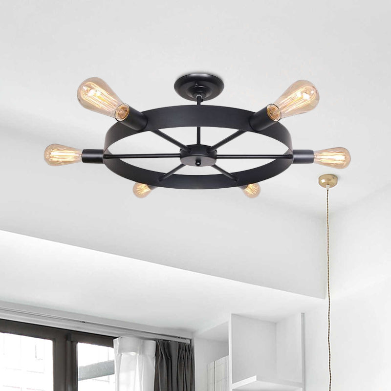 Rudder Restaurant Semi Flush Mount Light with Bare Bulb Vintage Style 6 Bulbs Dining Room Ceiling Light in Black Clearhalo 'Ceiling Lights' 'Close To Ceiling Lights' 'Close to ceiling' 'Semi-flushmount' Lighting' 1416029