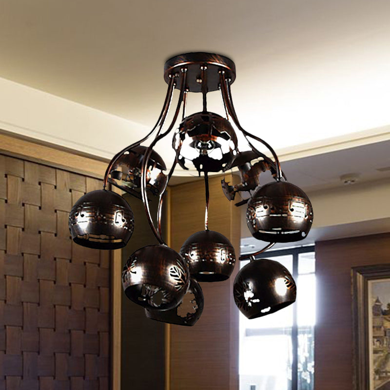 9 Heads Semi Flush Chandelier Farmhouse Style Global Iron Ceiling Light Fixture with Music Note and Leaf Design in Rust Clearhalo 'Ceiling Lights' 'Close To Ceiling Lights' 'Close to ceiling' 'Semi-flushmount' Lighting' 1416030