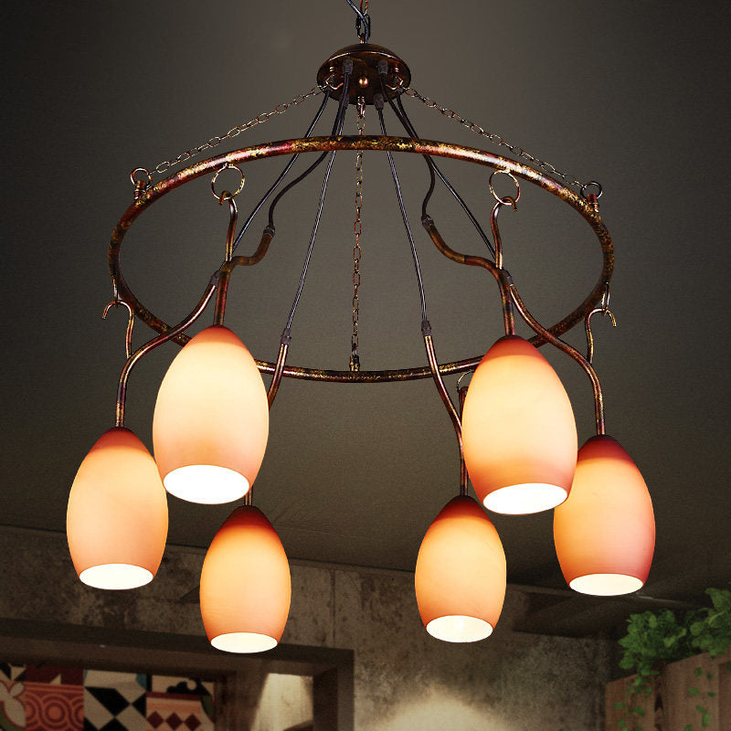 6 Lights Ring Hanging Light with Pink Melon Shade Antique Glass Chandelier for Cafe Clearhalo 'Ceiling Lights' 'Chandeliers' Lighting' options 1416036