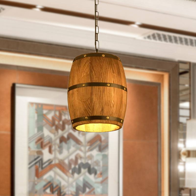 Barrel Restaurant Pendant Light Wood Creative Industrial 1 Light Hanging Light in Brown Clearhalo 'Ceiling Lights' 'Pendant Lights' 'Pendants' Lighting' 1416045