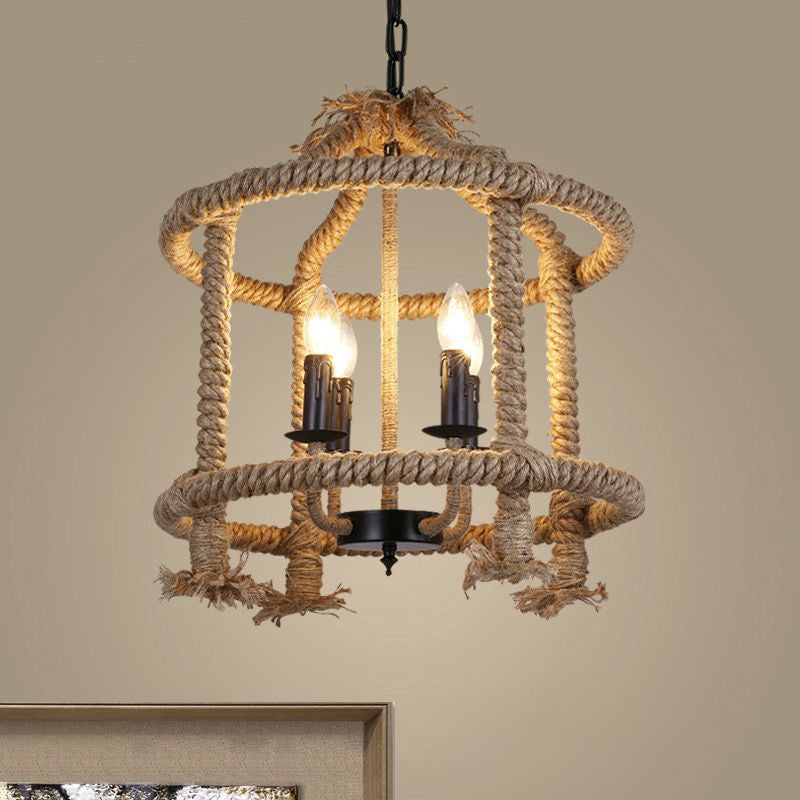 Roped Cage Shade Pendant Lamp Lodge Stylish 4 Lights Restaurant Hanging Light Fixture in Brown Clearhalo 'Ceiling Lights' 'Chandeliers' Lighting' options 1416059