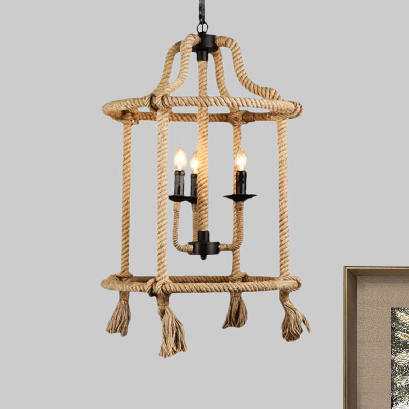 Brown Geometric Ceiling Light with Cage Shade Retro Style Hemp Rope 3 Lights Dining Room Chandelier Lighting Clearhalo 'Ceiling Lights' 'Chandeliers' Lighting' options 1416060