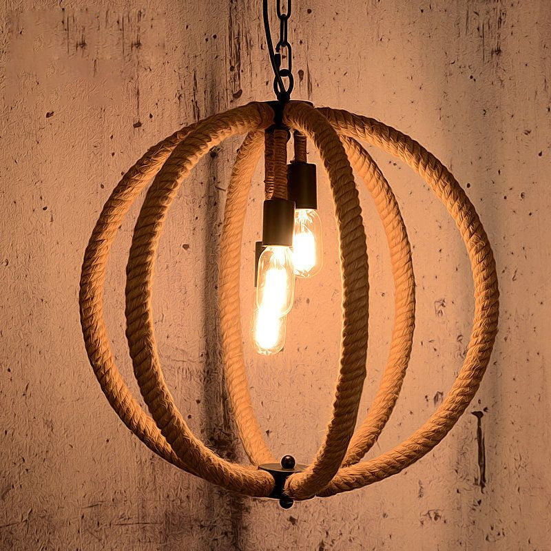 Orb Shade Hallway Chandelier Hanging Light Retro Style Hemp Rope 3 Lights Beige Ceiling Lamp Clearhalo 'Ceiling Lights' 'Chandeliers' Lighting' options 1416061