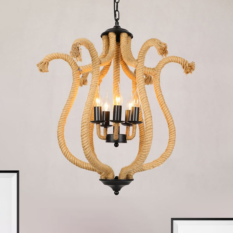 5 Heads Roped Cage Chandelier Lamp Vintage Brown Ceiling Fixture with Flower Shade for Restaurant Clearhalo 'Ceiling Lights' 'Chandeliers' Lighting' options 1416066