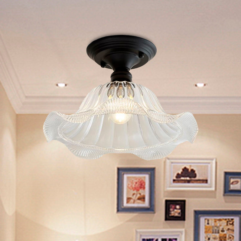 One Light Semi Flush Vintage Textured Glass Barn/Dome/Wavy Living Room Ceiling Lighting in Clear Clearhalo 'Ceiling Lights' 'Close To Ceiling Lights' 'Close to ceiling' 'Glass shade' 'Glass' 'Semi-flushmount' Lighting' 1416086