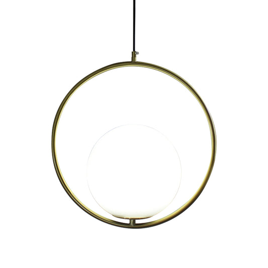 1 Head Ring Pendant Lighting with Globe Opal Glass Shade Retro Industrial Gold Suspension Light, 12"/14" Width Clearhalo 'Ceiling Lights' 'Close To Ceiling Lights' 'Glass shade' 'Glass' 'Industrial Pendants' 'Industrial' 'Middle Century Pendants' 'Pendant Lights' 'Pendants' 'Tiffany' Lighting' 141608