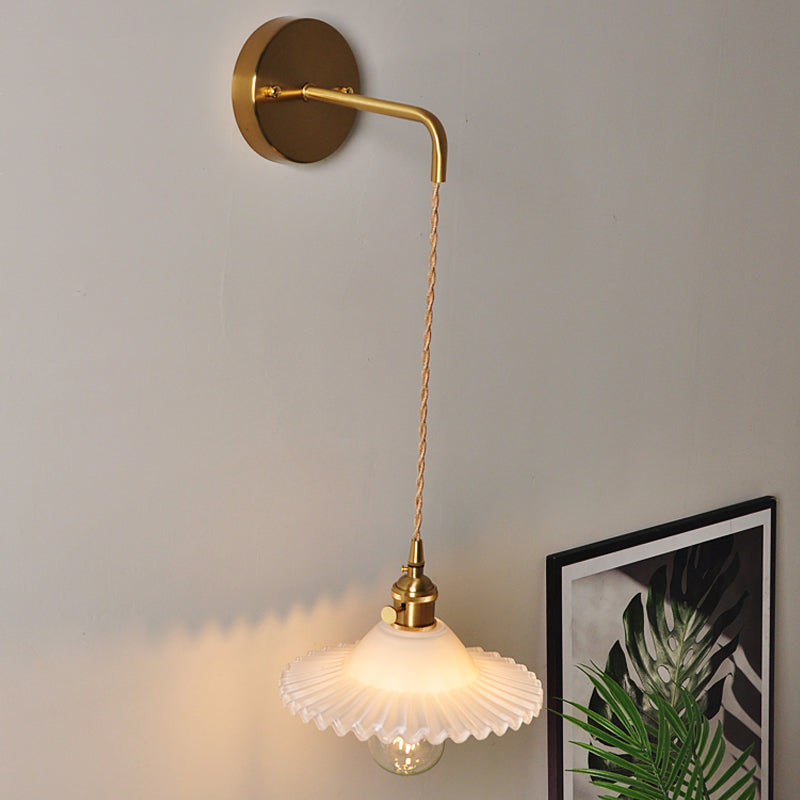 Scalloped Clear/Opal Glass Wall Mounted Lamp Industrial Single Bulb Bedroom Sconce Light in Brass White Clearhalo 'Cast Iron' 'Glass' 'Industrial wall lights' 'Industrial' 'Middle century wall lights' 'Modern' 'Tiffany' 'Traditional wall lights' 'Wall Lamps & Sconces' 'Wall Lights' Lighting' 1416101