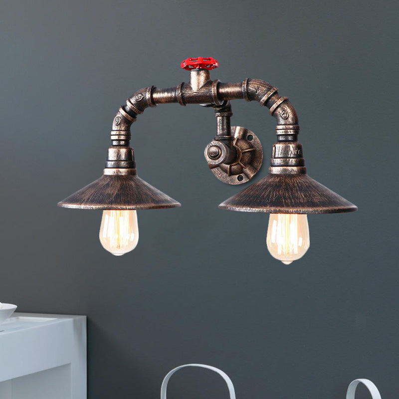 Conical Farmhouse Wall Light Fixture with Pipe and Valve Industrial Rustic Iron 2 Lights Weathered Bronze Sconce Light Clearhalo 'Art deco wall lights' 'Cast Iron' 'Glass' 'Industrial wall lights' 'Industrial' 'Middle century wall lights' 'Modern' 'Rustic wall lights' 'Tiffany' 'Traditional wall lights' 'Wall Lamps & Sconces' 'Wall Lights' Lighting' 1416114