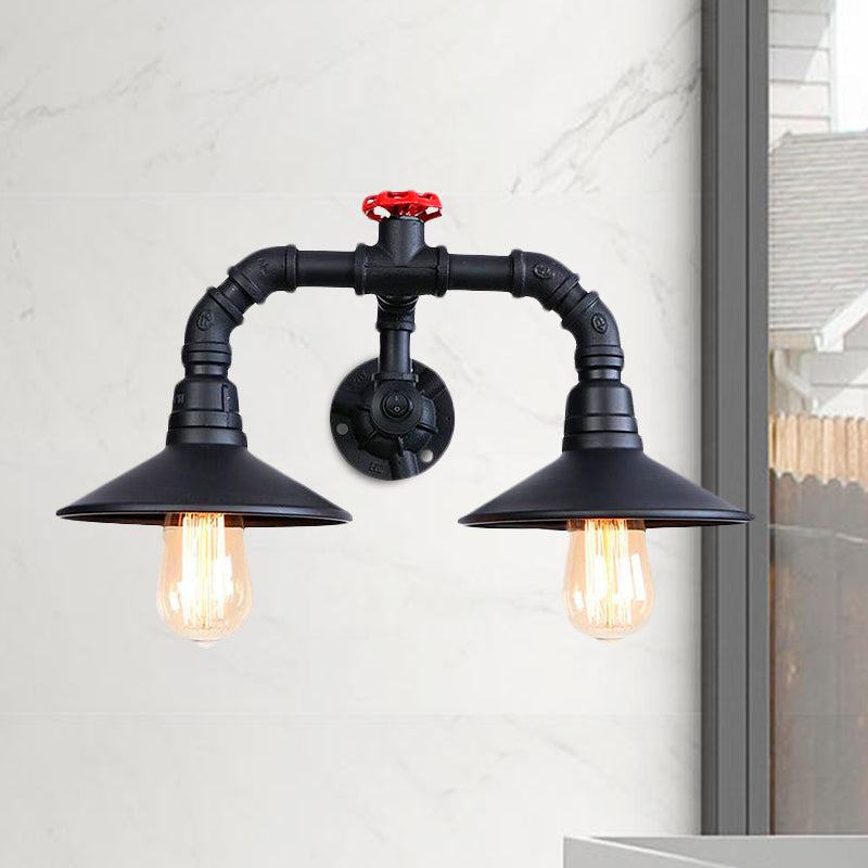 Black Plumbing Pipe Wall Lighting with Red Valve Rustic Industrial Metallic 2 Light Stairway Wall Sconce Light Clearhalo 'Art deco wall lights' 'Cast Iron' 'Glass' 'Industrial wall lights' 'Industrial' 'Middle century wall lights' 'Modern' 'Rustic wall lights' 'Tiffany' 'Traditional wall lights' 'Wall Lamps & Sconces' 'Wall Lights' Lighting' 1416117