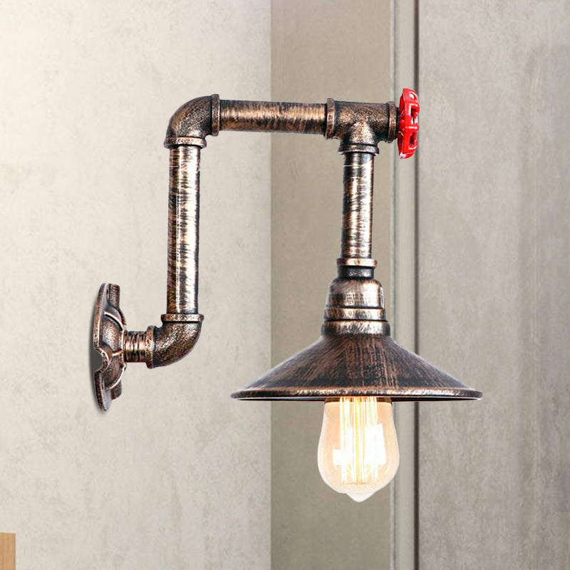 Metallic Saucer Wall Lamp Fixture Warehouse 1 Bulb Corridor Wall Mount Light with Red Valve and Pipe in Antique Bronze Clearhalo 'Art deco wall lights' 'Cast Iron' 'Glass' 'Industrial wall lights' 'Industrial' 'Middle century wall lights' 'Modern' 'Rustic wall lights' 'Tiffany' 'Traditional wall lights' 'Wall Lamps & Sconces' 'Wall Lights' Lighting' 1416119