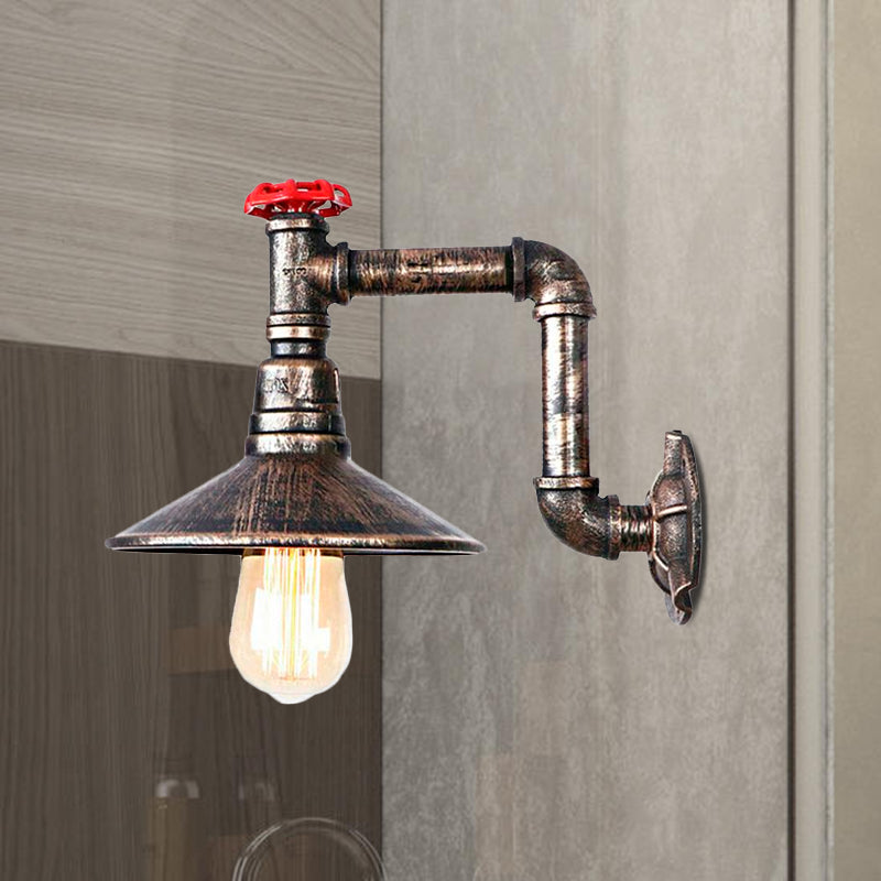 Wrought Iron Water Pipe Wall Lamp with Saucer Shade Retro Vintage 1 Light Balcony Wall Sconce Lighting in Aged Bronze Clearhalo 'Art deco wall lights' 'Cast Iron' 'Glass' 'Industrial wall lights' 'Industrial' 'Middle century wall lights' 'Modern' 'Rustic wall lights' 'Tiffany' 'Traditional wall lights' 'Wall Lamps & Sconces' 'Wall Lights' Lighting' 1416120