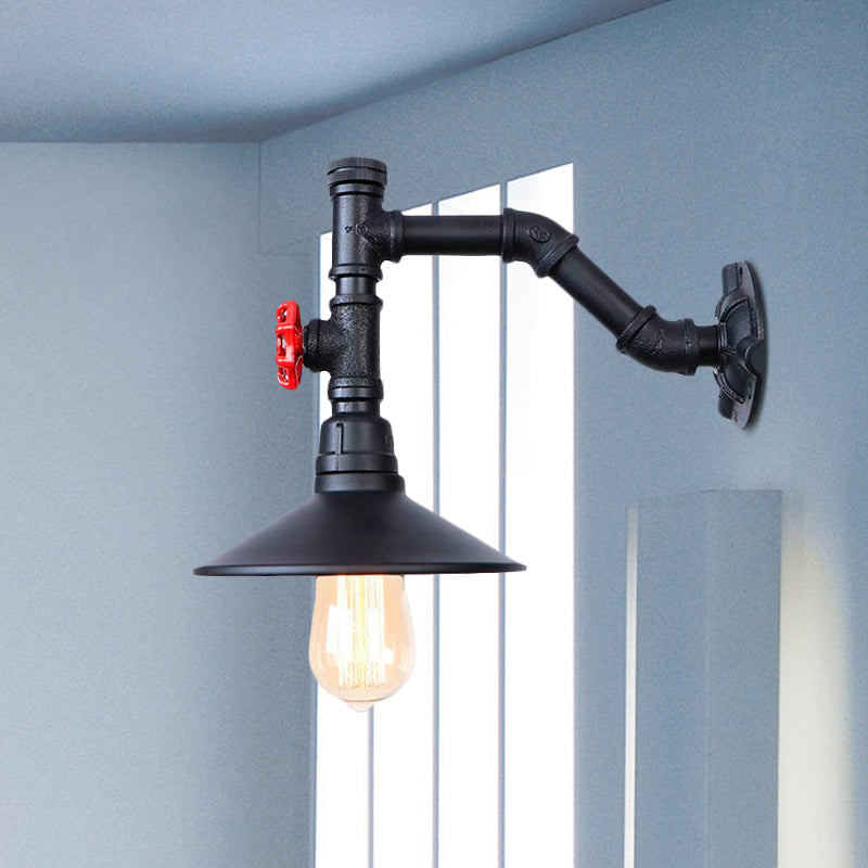 Warehouse Flared Wall Lamp Sconce 1 Bulb Metallic Wall Lighting with Plumbing Pipe and Red Valve in Black Clearhalo 'Art deco wall lights' 'Cast Iron' 'Glass' 'Industrial wall lights' 'Industrial' 'Middle century wall lights' 'Modern' 'Rustic wall lights' 'Tiffany' 'Traditional wall lights' 'Wall Lamps & Sconces' 'Wall Lights' Lighting' 1416122