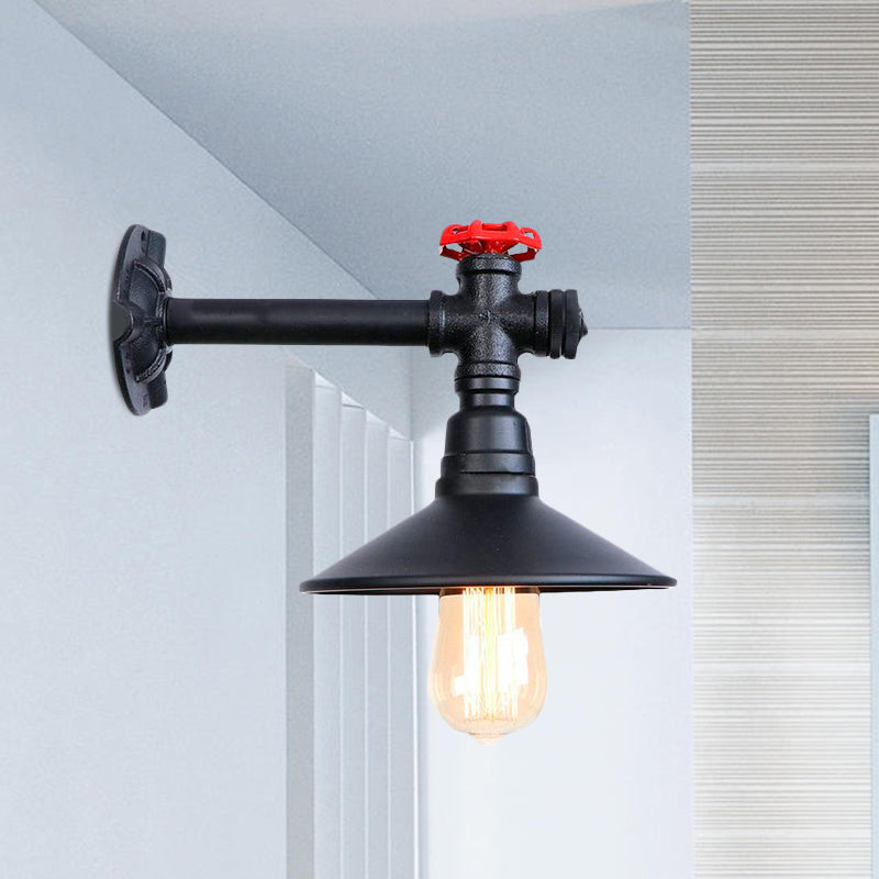 Industrial Plumbing Pipe Wall Sconce with Red Valve Deco 1 Light Metal Wall Mount Light in Black Clearhalo 'Art deco wall lights' 'Cast Iron' 'Glass' 'Industrial wall lights' 'Industrial' 'Middle century wall lights' 'Modern' 'Rustic wall lights' 'Tiffany' 'Traditional wall lights' 'Wall Lamps & Sconces' 'Wall Lights' Lighting' 1416123