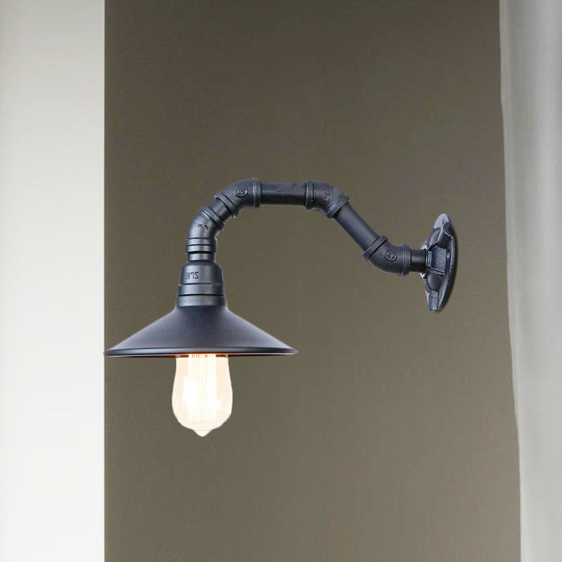 Industrial Curved Pipe Wall Lighting with Saucer Shade 1 Head Metallic Wall Mount Light in Black Finish Clearhalo 'Art deco wall lights' 'Cast Iron' 'Glass' 'Industrial wall lights' 'Industrial' 'Middle century wall lights' 'Modern' 'Rustic wall lights' 'Tiffany' 'Traditional wall lights' 'Wall Lamps & Sconces' 'Wall Lights' Lighting' 1416125
