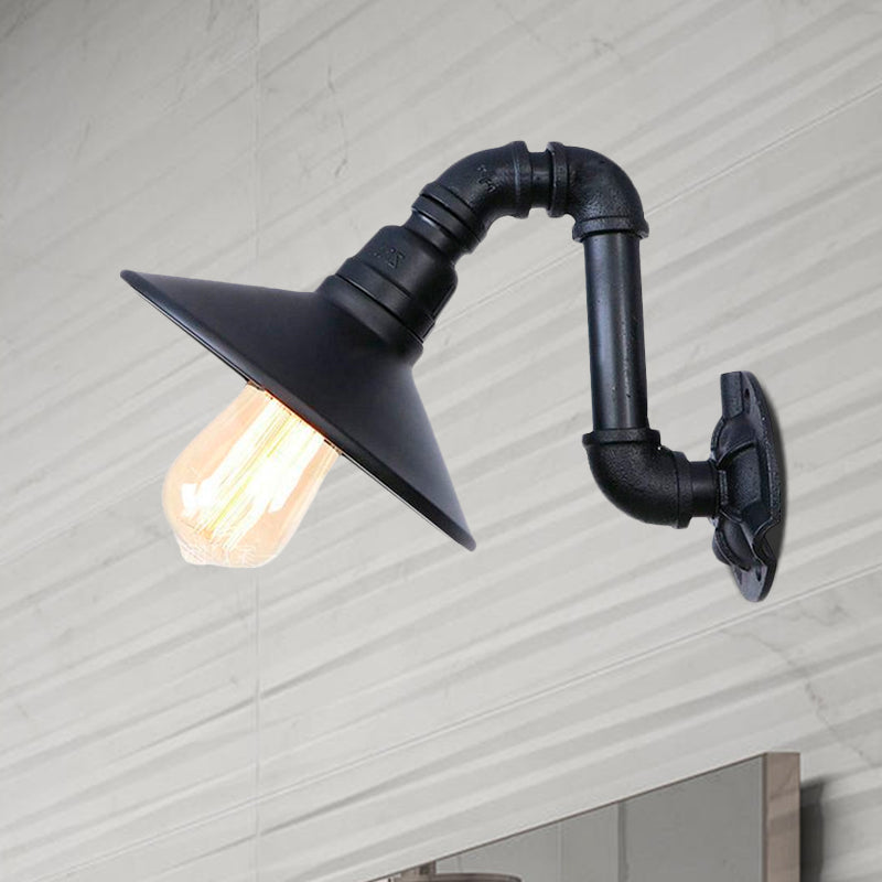 Farmhouse Cone Shade Wall Lamp with Curved Pipe 1 Head Metallic Wall Sconce Lighting in Black Finish Clearhalo 'Art deco wall lights' 'Cast Iron' 'Glass' 'Industrial wall lights' 'Industrial' 'Middle century wall lights' 'Modern' 'Rustic wall lights' 'Tiffany' 'Traditional wall lights' 'Wall Lamps & Sconces' 'Wall Lights' Lighting' 1416126
