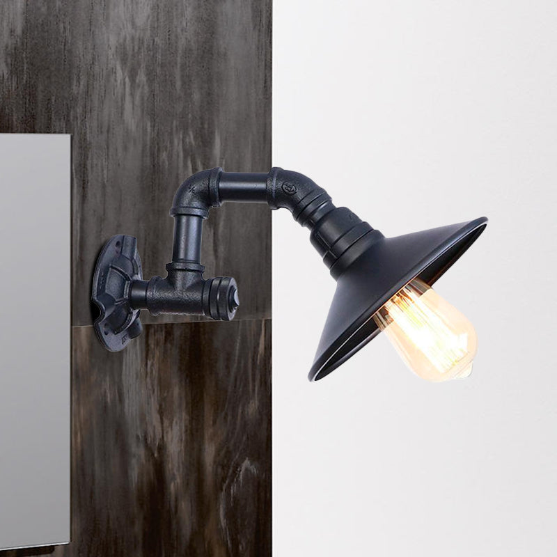 Matte Black Piped Wall Mount Light with Cone Shade Industrial Metal 1 Head Corridor Wall Lighting Clearhalo 'Art deco wall lights' 'Cast Iron' 'Glass' 'Industrial wall lights' 'Industrial' 'Middle century wall lights' 'Modern' 'Rustic wall lights' 'Tiffany' 'Traditional wall lights' 'Wall Lamps & Sconces' 'Wall Lights' Lighting' 1416127
