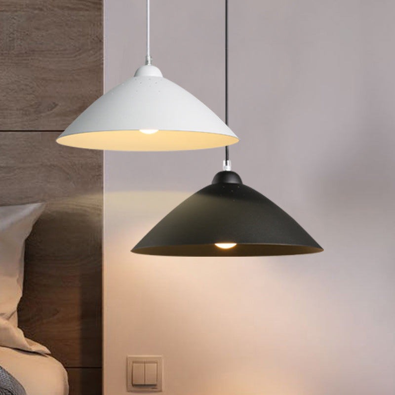 Metallic Conic Pendant Lighting Industrial 1 Light Balcony Hanging Ceiling Light with Scattered Hole Design in Black/White Black Clearhalo 'Ceiling Lights' 'Modern Pendants' 'Modern' 'Pendant Lights' 'Pendants' Lighting' 1416154