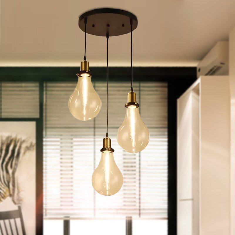 3 Lights Bare Bulb Multi Ceiling Light Industrial Brass Clear Glass Pendant Lighting, Round Canopy Clearhalo 'Ceiling Lights' 'Glass shade' 'Glass' 'Industrial Pendants' 'Industrial' 'Middle Century Pendants' 'Pendant Lights' 'Pendants' 'Tiffany' Lighting' 1416195