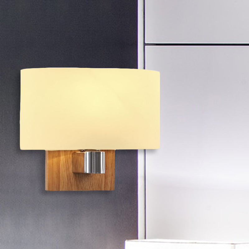 One Bulb Wall Light with Rectangle Shade Opal Glass Nordic Living Room Sconce Lighting Fixture with Wood Clearhalo 'Cast Iron' 'Glass' 'Industrial' 'Modern wall lights' 'Modern' 'Tiffany' 'Traditional wall lights' 'Wall Lamps & Sconces' 'Wall Lights' Lighting' 1416206