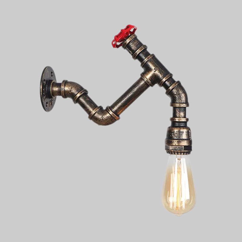 Exposed Bulb Iron Wall Lamp Industrial Style 1 Head Corridor Wall Lighting Fixture with Red Valve in Aged Bronze Clearhalo 'Art deco wall lights' 'Cast Iron' 'Glass' 'Industrial wall lights' 'Industrial' 'Middle century wall lights' 'Modern' 'Rustic wall lights' 'Tiffany' 'Traditional wall lights' 'Wall Lamps & Sconces' 'Wall Lights' Lighting' 1416248