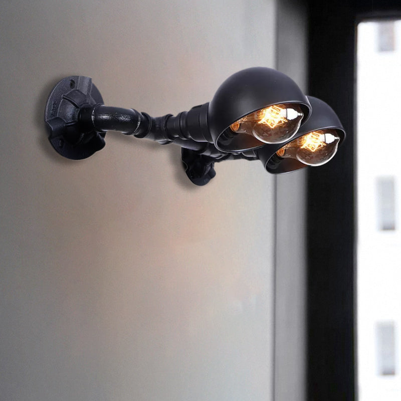 Black Bowl Shade Wall Sconce with Pipe Industrial Vintage Metal 2 Lights Corridor Wall Lighting Fixture Clearhalo 'Art deco wall lights' 'Cast Iron' 'Glass' 'Industrial wall lights' 'Industrial' 'Middle century wall lights' 'Modern' 'Rustic wall lights' 'Tiffany' 'Traditional wall lights' 'Wall Lamps & Sconces' 'Wall Lights' Lighting' 1416268