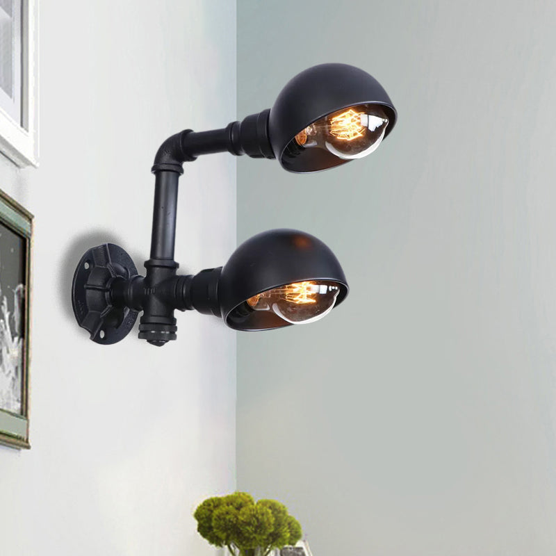 Black Bowl Shade Wall Sconce with Pipe Industrial Vintage Metal 2 Lights Corridor Wall Lighting Fixture Clearhalo 'Art deco wall lights' 'Cast Iron' 'Glass' 'Industrial wall lights' 'Industrial' 'Middle century wall lights' 'Modern' 'Rustic wall lights' 'Tiffany' 'Traditional wall lights' 'Wall Lamps & Sconces' 'Wall Lights' Lighting' 1416272