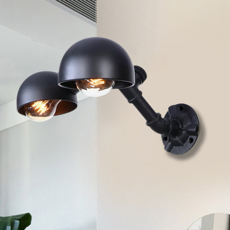 Black Bowl Shade Wall Sconce with Pipe Industrial Vintage Metal 2 Lights Corridor Wall Lighting Fixture Clearhalo 'Art deco wall lights' 'Cast Iron' 'Glass' 'Industrial wall lights' 'Industrial' 'Middle century wall lights' 'Modern' 'Rustic wall lights' 'Tiffany' 'Traditional wall lights' 'Wall Lamps & Sconces' 'Wall Lights' Lighting' 1416274