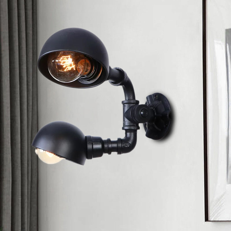 Black 2 Bulbs Wall Light Fixture Industrial Style Metallic Domed Wall Sconce Lamp with Pipe for Corridor Clearhalo 'Art deco wall lights' 'Cast Iron' 'Glass' 'Industrial wall lights' 'Industrial' 'Middle century wall lights' 'Modern' 'Rustic wall lights' 'Tiffany' 'Traditional wall lights' 'Wall Lamps & Sconces' 'Wall Lights' Lighting' 1416275