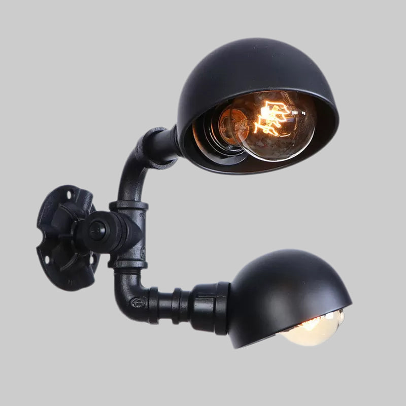Black 2 Bulbs Wall Light Fixture Industrial Style Metallic Domed Wall Sconce Lamp with Pipe for Corridor Clearhalo 'Art deco wall lights' 'Cast Iron' 'Glass' 'Industrial wall lights' 'Industrial' 'Middle century wall lights' 'Modern' 'Rustic wall lights' 'Tiffany' 'Traditional wall lights' 'Wall Lamps & Sconces' 'Wall Lights' Lighting' 1416276