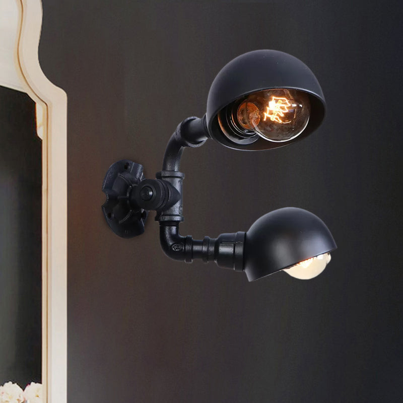 Black 2 Bulbs Wall Light Fixture Industrial Style Metallic Domed Wall Sconce Lamp with Pipe for Corridor Clearhalo 'Art deco wall lights' 'Cast Iron' 'Glass' 'Industrial wall lights' 'Industrial' 'Middle century wall lights' 'Modern' 'Rustic wall lights' 'Tiffany' 'Traditional wall lights' 'Wall Lamps & Sconces' 'Wall Lights' Lighting' 1416277
