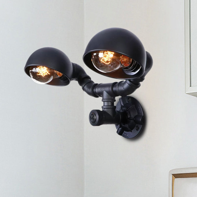 Black 2 Bulbs Wall Light Fixture Industrial Style Metallic Domed Wall Sconce Lamp with Pipe for Corridor Clearhalo 'Art deco wall lights' 'Cast Iron' 'Glass' 'Industrial wall lights' 'Industrial' 'Middle century wall lights' 'Modern' 'Rustic wall lights' 'Tiffany' 'Traditional wall lights' 'Wall Lamps & Sconces' 'Wall Lights' Lighting' 1416279