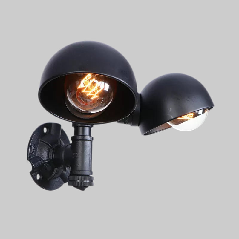 Black 2 Bulbs Wall Light Fixture Industrial Style Metallic Domed Wall Sconce Lamp with Pipe for Corridor Clearhalo 'Art deco wall lights' 'Cast Iron' 'Glass' 'Industrial wall lights' 'Industrial' 'Middle century wall lights' 'Modern' 'Rustic wall lights' 'Tiffany' 'Traditional wall lights' 'Wall Lamps & Sconces' 'Wall Lights' Lighting' 1416284