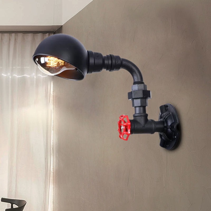 Black Water Pipe Wall Lighting with Dome Shade and Red Valve Vintage Iron 1 Bulb Stairway Wall Fixture Light Clearhalo 'Art deco wall lights' 'Cast Iron' 'Glass' 'Industrial wall lights' 'Industrial' 'Middle century wall lights' 'Modern' 'Rustic wall lights' 'Tiffany' 'Traditional wall lights' 'Wall Lamps & Sconces' 'Wall Lights' Lighting' 1416287