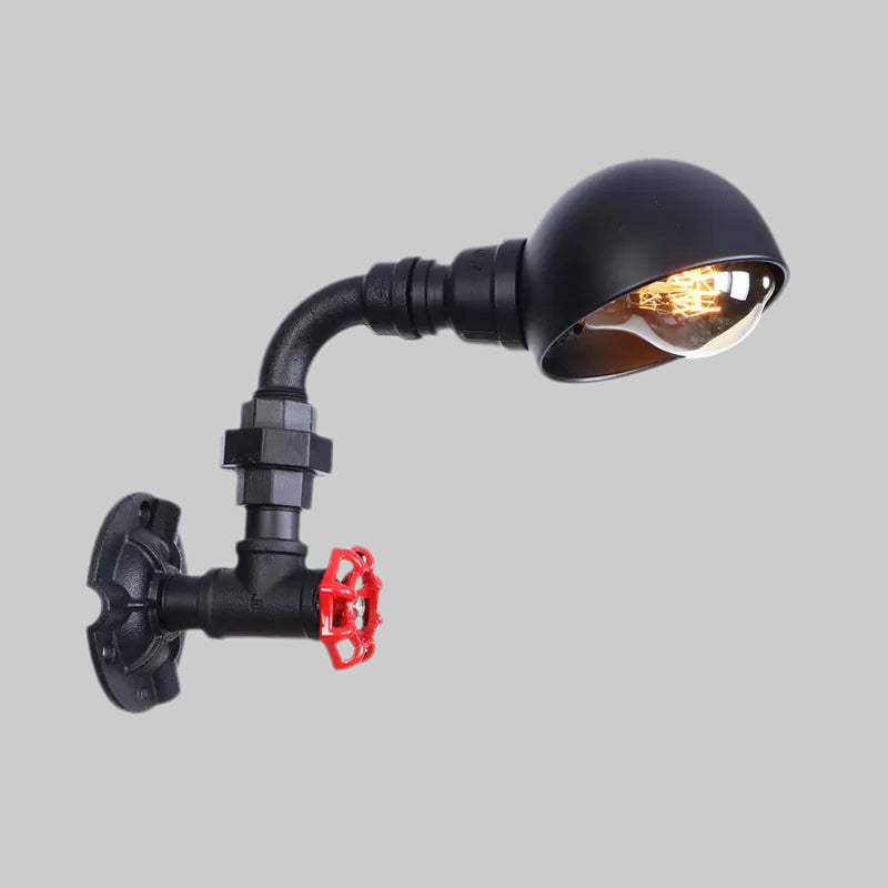 Black Water Pipe Wall Lighting with Dome Shade and Red Valve Vintage Iron 1 Bulb Stairway Wall Fixture Light Clearhalo 'Art deco wall lights' 'Cast Iron' 'Glass' 'Industrial wall lights' 'Industrial' 'Middle century wall lights' 'Modern' 'Rustic wall lights' 'Tiffany' 'Traditional wall lights' 'Wall Lamps & Sconces' 'Wall Lights' Lighting' 1416288