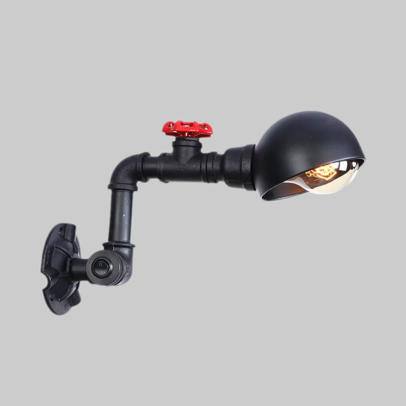 Vintage Style Pipe Wall Light Sconce with Dome Shade and Valve Wheel 1 Light Metallic Wall Fixture Light in Black Clearhalo 'Art deco wall lights' 'Cast Iron' 'Glass' 'Industrial wall lights' 'Industrial' 'Middle century wall lights' 'Modern' 'Rustic wall lights' 'Tiffany' 'Traditional wall lights' 'Wall Lamps & Sconces' 'Wall Lights' Lighting' 1416290