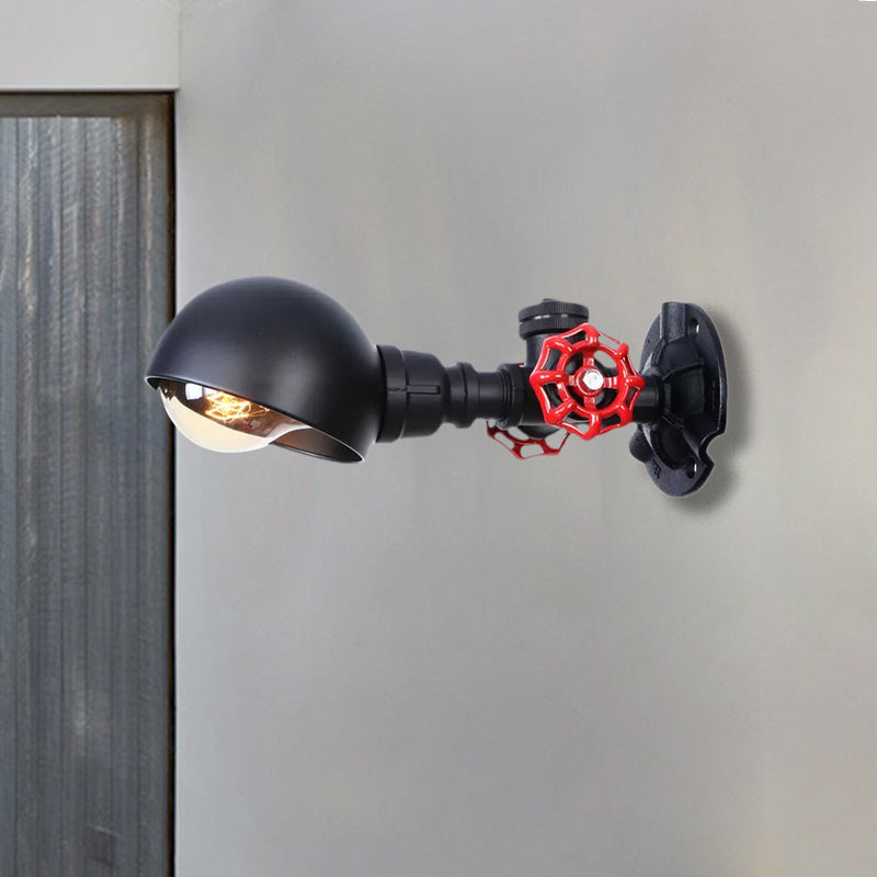 Industrial Style Half Global Wall Lamp 1 Light Metal Wall Sconce with Red Valve Decoration in Black Clearhalo 'Art deco wall lights' 'Cast Iron' 'Glass' 'Industrial wall lights' 'Industrial' 'Middle century wall lights' 'Modern' 'Rustic wall lights' 'Tiffany' 'Traditional wall lights' 'Wall Lamps & Sconces' 'Wall Lights' Lighting' 1416292