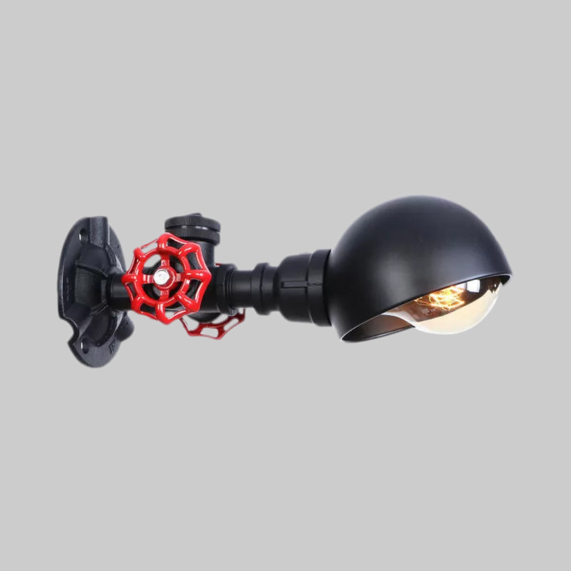 Industrial Style Half Global Wall Lamp 1 Light Metal Wall Sconce with Red Valve Decoration in Black Clearhalo 'Art deco wall lights' 'Cast Iron' 'Glass' 'Industrial wall lights' 'Industrial' 'Middle century wall lights' 'Modern' 'Rustic wall lights' 'Tiffany' 'Traditional wall lights' 'Wall Lamps & Sconces' 'Wall Lights' Lighting' 1416293