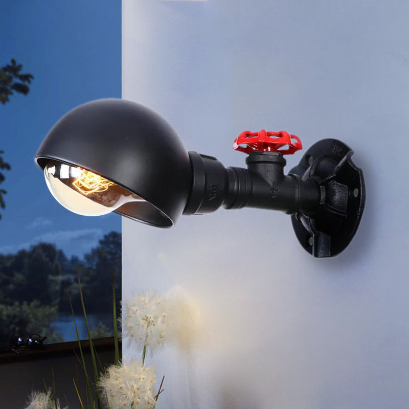 Industrial Style Half Global Wall Lamp 1 Light Metal Wall Sconce with Red Valve Decoration in Black Clearhalo 'Art deco wall lights' 'Cast Iron' 'Glass' 'Industrial wall lights' 'Industrial' 'Middle century wall lights' 'Modern' 'Rustic wall lights' 'Tiffany' 'Traditional wall lights' 'Wall Lamps & Sconces' 'Wall Lights' Lighting' 1416294