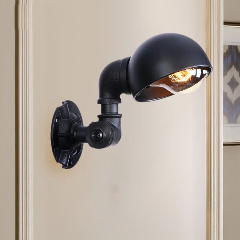 Vintage Stylish Bowl Shade Sconce Wall Lighting 1 Light Metallic Wall Mounted Lamp with Pipe in Black Clearhalo 'Art deco wall lights' 'Cast Iron' 'Glass' 'Industrial wall lights' 'Industrial' 'Middle century wall lights' 'Modern' 'Rustic wall lights' 'Tiffany' 'Traditional wall lights' 'Wall Lamps & Sconces' 'Wall Lights' Lighting' 1416296
