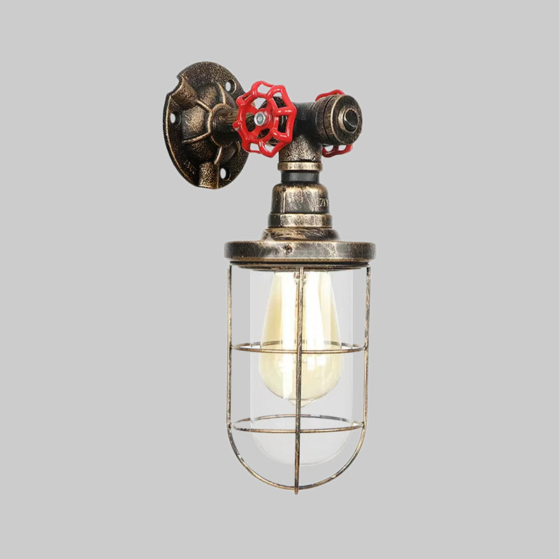 Wire Guard Iron Wall Sconce Lamp with Water Pipe Rustic Style 1 Light Bathroom Wall Light Fixture in Aged Brass Clearhalo 'Art deco wall lights' 'Cast Iron' 'Glass' 'Industrial wall lights' 'Industrial' 'Middle century wall lights' 'Modern' 'Rustic wall lights' 'Tiffany' 'Traditional wall lights' 'Wall Lamps & Sconces' 'Wall Lights' Lighting' 1416314