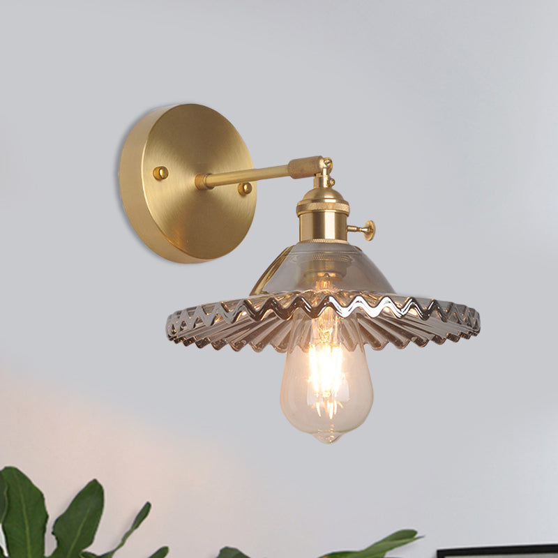 Brass Scalloped Wall Lighting Industrial Smoked Glass 1 Light Living Room Sconce Light Fixture Clearhalo 'Cast Iron' 'Glass' 'Industrial wall lights' 'Industrial' 'Middle century wall lights' 'Modern' 'Tiffany' 'Traditional wall lights' 'Wall Lamps & Sconces' 'Wall Lights' Lighting' 1416343