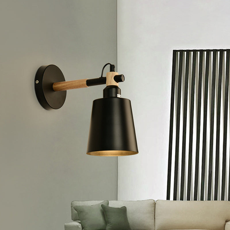 1 Light Cylindrical Wall Light Fixture Modernist Style Black Metallic Sconce Fixture with Wooden Joint for Bedroom Clearhalo 'Cast Iron' 'Glass' 'Industrial' 'Modern wall lights' 'Modern' 'Tiffany' 'Traditional wall lights' 'Wall Lamps & Sconces' 'Wall Lights' Lighting' 1416378