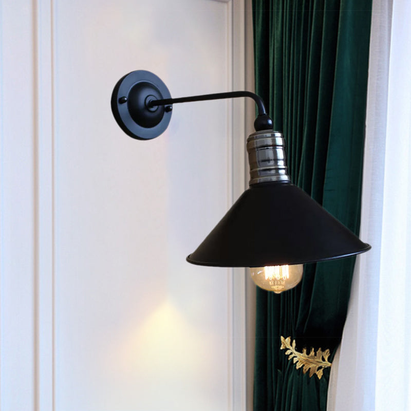 Metallic Conical Wall Lighting Vintage Style 1 Bulb Bedroom Wall Sconce Light with Curved Arm in Black Clearhalo 'Art deco wall lights' 'Cast Iron' 'Glass' 'Industrial wall lights' 'Industrial' 'Middle century wall lights' 'Modern' 'Rustic wall lights' 'Tiffany' 'Traditional wall lights' 'Wall Lamps & Sconces' 'Wall Lights' Lighting' 1416405