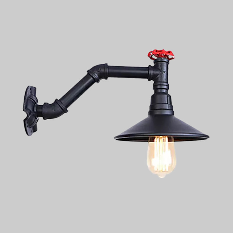 1 Head Pipe Wall Light with Cone Shade and Valve Vintage Industrial Black Metal Wall Lamp Sconce Clearhalo 'Art deco wall lights' 'Cast Iron' 'Glass' 'Industrial wall lights' 'Industrial' 'Middle century wall lights' 'Modern' 'Rustic wall lights' 'Tiffany' 'Traditional wall lights' 'Wall Lamps & Sconces' 'Wall Lights' Lighting' 1416416