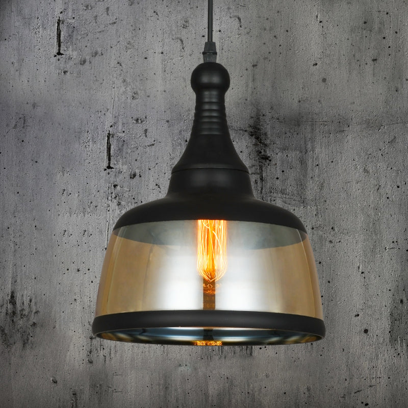 8"/8.5" Wide Cylinder Pendant Lighting Industrial 1 Light Amber Glass Hanging Lamp in Black Amber 8.5" Clearhalo 'Ceiling Lights' 'Glass shade' 'Glass' 'Industrial Pendants' 'Industrial' 'Middle Century Pendants' 'Pendant Lights' 'Pendants' 'Tiffany' Lighting' 1416464