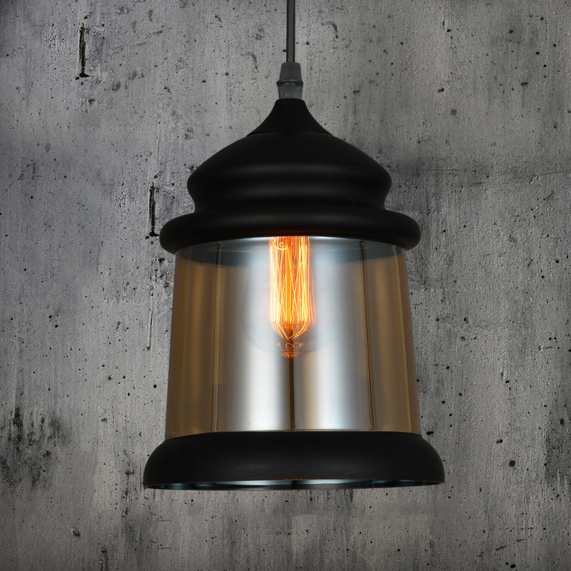 8"/8.5" Wide Cylinder Pendant Lighting Industrial 1 Light Amber Glass Hanging Lamp in Black Amber 8" Clearhalo 'Ceiling Lights' 'Glass shade' 'Glass' 'Industrial Pendants' 'Industrial' 'Middle Century Pendants' 'Pendant Lights' 'Pendants' 'Tiffany' Lighting' 1416469