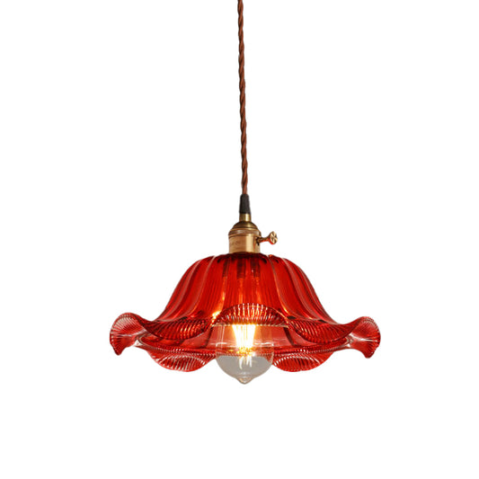 Scalloped Pendant Light Industrial 1 Light 8"/10"/12" Wide Red Glass Hanging Lamp for Living Room Clearhalo 'Ceiling Lights' 'Glass shade' 'Glass' 'Industrial Pendants' 'Industrial' 'Middle Century Pendants' 'Pendant Lights' 'Pendants' 'Tiffany' Lighting' 1416487
