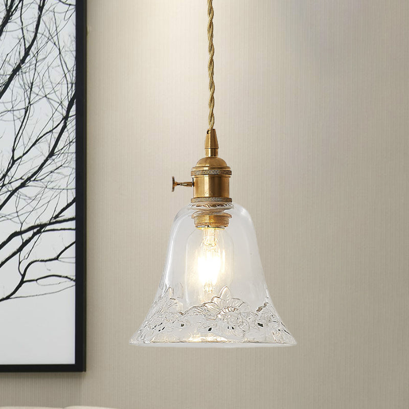 One Light Ceiling Light Modern Bell Shaped Clear Glass Pendant Lighting Fixture with Flower/Spiral Design Clear A Clearhalo 'Ceiling Lights' 'Glass shade' 'Glass' 'Industrial Pendants' 'Industrial' 'Middle Century Pendants' 'Pendant Lights' 'Pendants' 'Tiffany' Lighting' 1416527