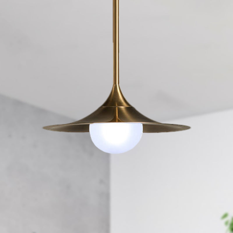 Brass Finish Flared Ceiling Light with Frosted Glass Shade Mid Century 1 Light Hallway Pendant Light Clearhalo 'Ceiling Lights' 'Modern Pendants' 'Modern' 'Pendant Lights' 'Pendants' Lighting' 1416602