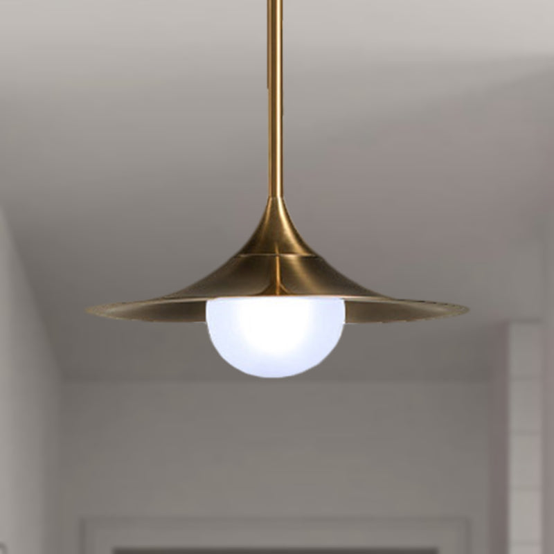 Brass Finish Flared Ceiling Light with Frosted Glass Shade Mid Century 1 Light Hallway Pendant Light Clearhalo 'Ceiling Lights' 'Modern Pendants' 'Modern' 'Pendant Lights' 'Pendants' Lighting' 1416603